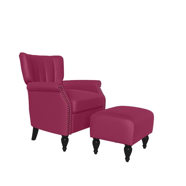 Handy Living Duncan Fuchsia Pink Velour Channel Tufted Rolled Arm Chair and Ottoman Set