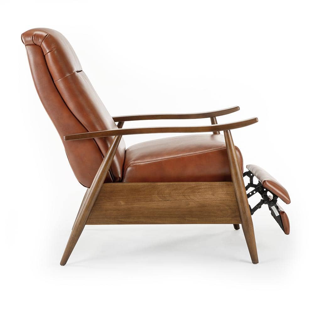 Caramel Mid-Century Modern Faux Leather Recliner with Wooden Arms