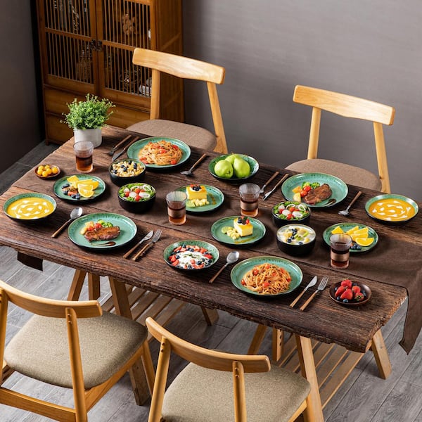 MALACASA 16-Piece Light-Green and Black Stoneware Dinnerware Set