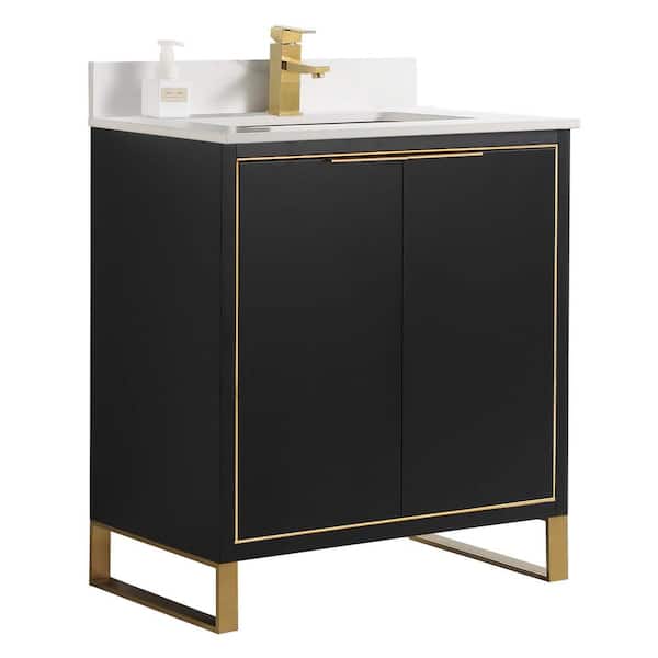 FINE FIXTURES Opulence 30 in. W x 18 in. D x 33.5 in. H Bath Vanity in Black Matte with White Carrara Single sink Top