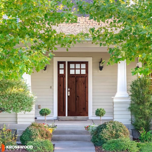 56 in. x 96 in. Knotty Alder Right-Hand/Inswing 6 Lite Clear Glass Red Mahogany Stain Wood Prehung Front Door w/ LSL DS
