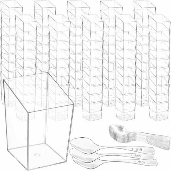 3 fl. oz. Clear Slanted Square Food-Grade Plastic Mini Dessert Cups with Spoons (Set of 100)
