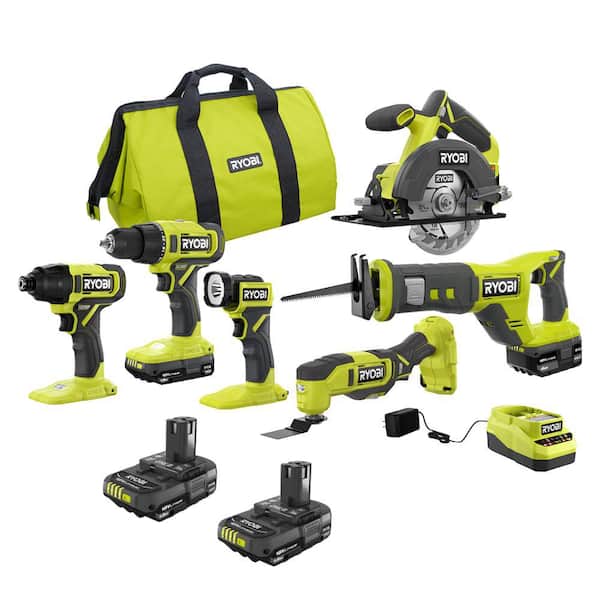 RYOBI ONE+ 18V Cordless 6-Tool Combo Kit with 1.5 Ah Battery, 4.0 Ah Battery, Charger, and FREE 2.0 Ah Battery (2-Pack)