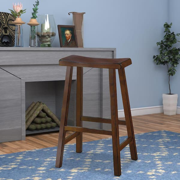29 in. Cherry Brown Wooden Counter Height Stool with Saddle Seat (Set of 2)