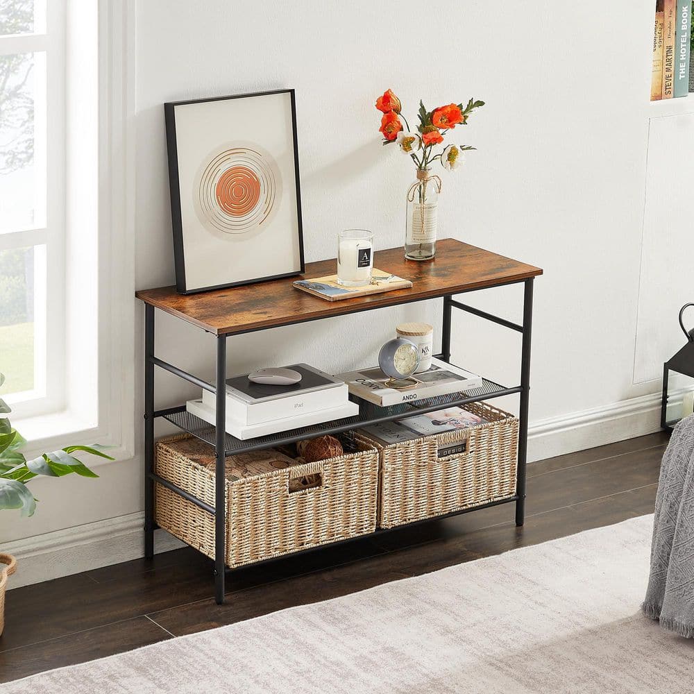 VECELO 32.4" Industrial 3-Tier Console Table with 2 Straw Storage Baskets, Sofa Table with Mesh Shelf for Living Room, Stable Metal Frame for Living Room, Brown