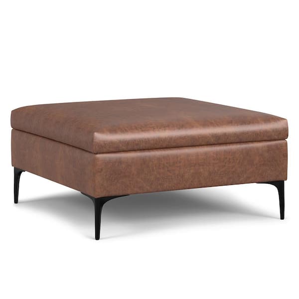 Simpli Home Rebecca 36 in. Square Coffee Table Storage Ottoman with Lift Up Lid, Distressed Saddle Brown Faux Leather, Assembled
