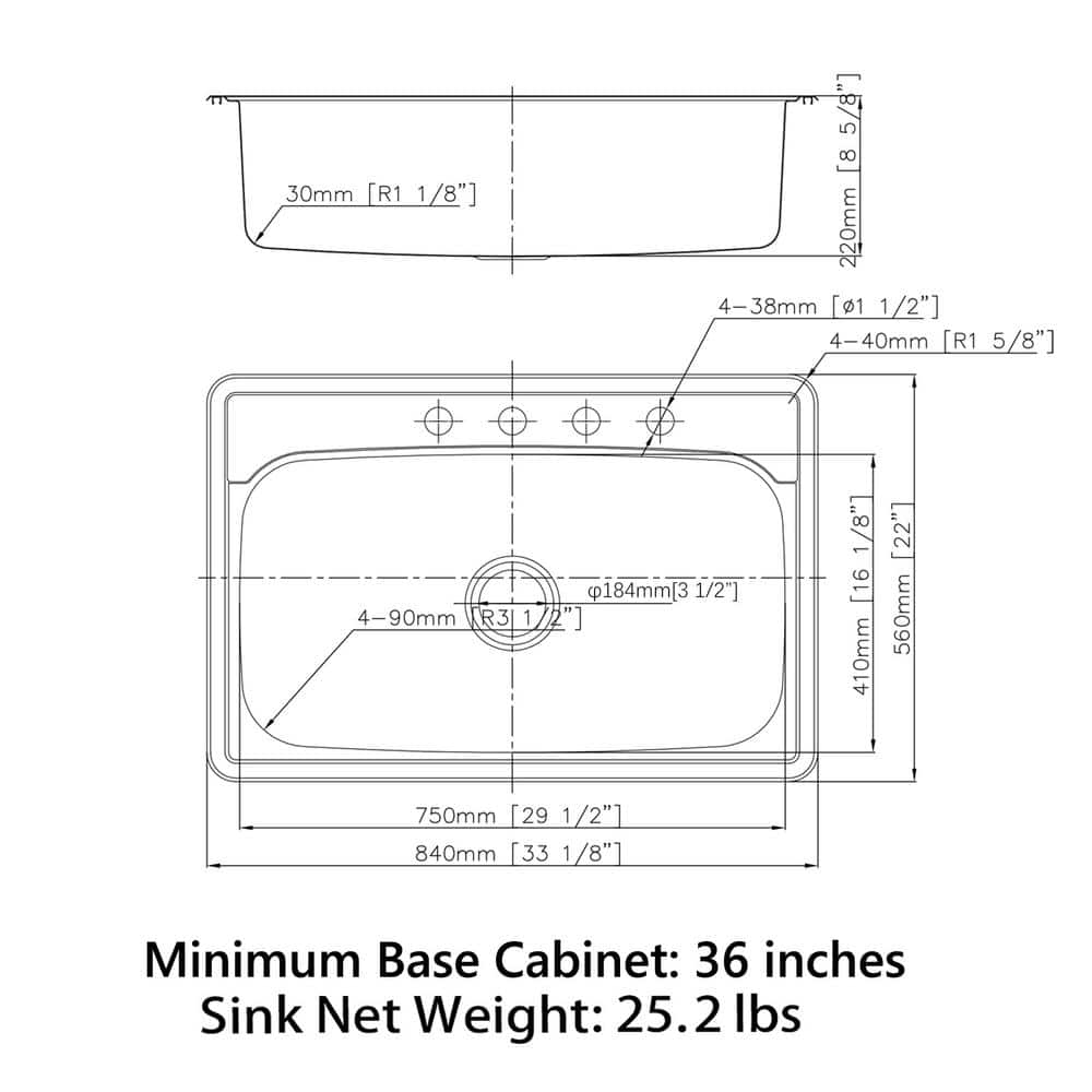 Sinber 33" Stainless Steel Single Bowl Kitchen Sink with Drainboard