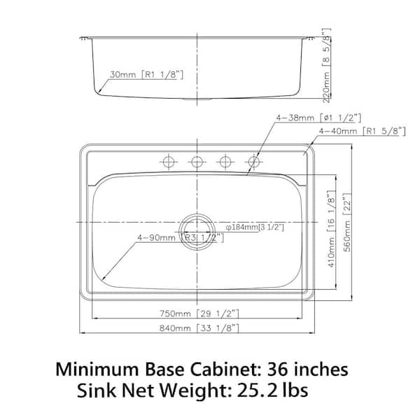 Sinber 25 x 22 Drop In Single Bowl Kitchen Sink with 18 Gauge