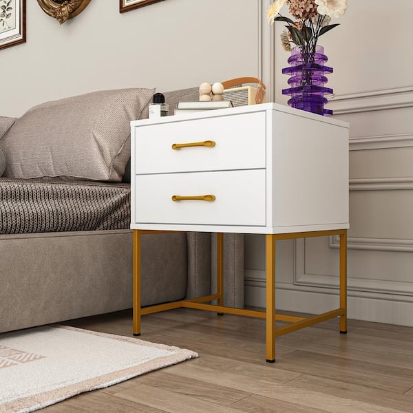FUFU&GAGA 17.7 in. W White Square Wood Side Table Bedside Table Nightstand with 2-Drawer and Metal Legs