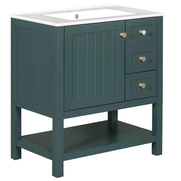 30 in. W x 18.3 in. D x 33.59 in. H Freestanding Bath Vanity in Green with White Ceramic Top