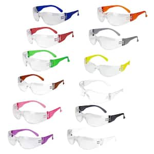 Clear Anti-Scratch Protective Safety Glasses with Colored Earpieces, Multicolor Variety Pack (12-Pairs)