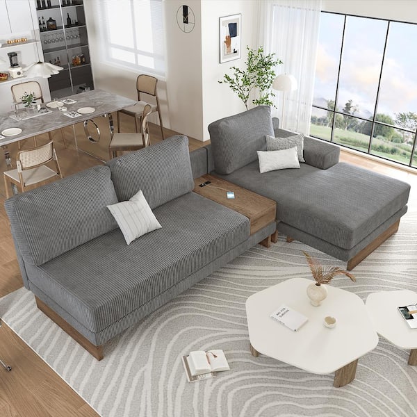 114 in. Corduroy L-Shaped Sectional Sofa in. Gray with Drawer, 2 USB Ports and 2 Power Sockets