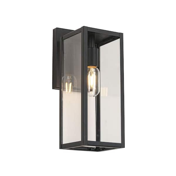 Jushua 1-Light Sand Texture Black Clear Glass Lantern Sconce Outdoor Hardwired Wall Lamp, (Bulb Not Included)