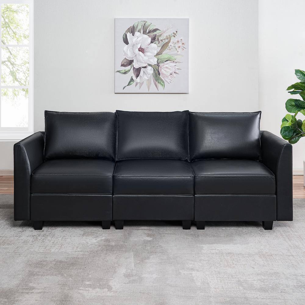 Contemporary Black Air Leather Sofa 3-Seater