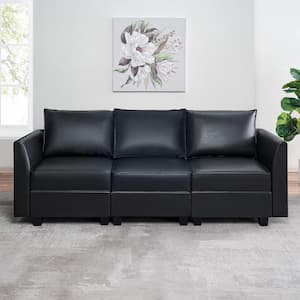 Contemporary 1-Piece Black Air Leather Living Room Sofa 3-Seater Sofa Couch with Storage RV Sofa Couch