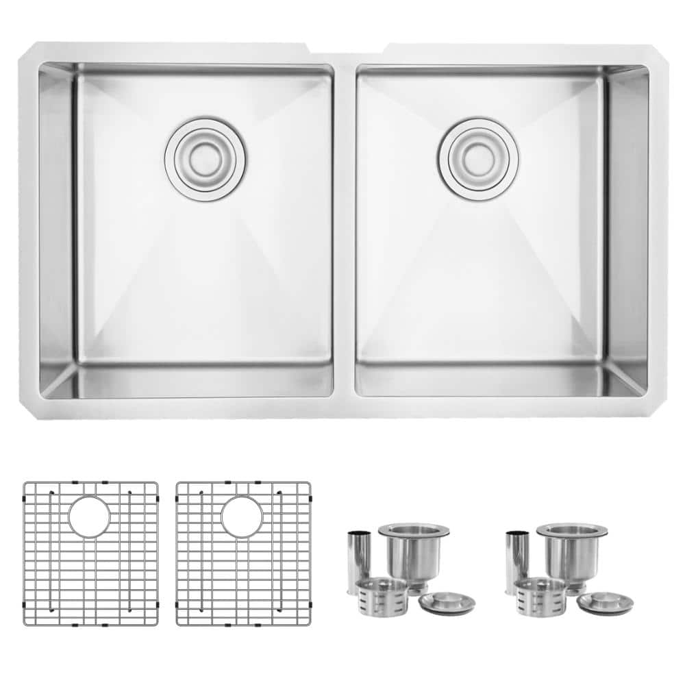 Undermount 32 in. Stainless Steel 50/50 Double Bowl 18 Gauge Kitchen Sink with Grids and Strainers price history on PriceWatchPro