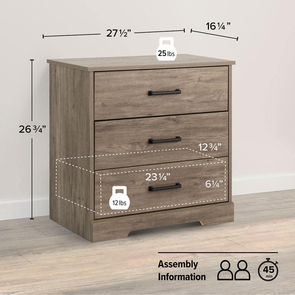 Rustic Gray Oak 3-Drawer Farmhouse Nightstand