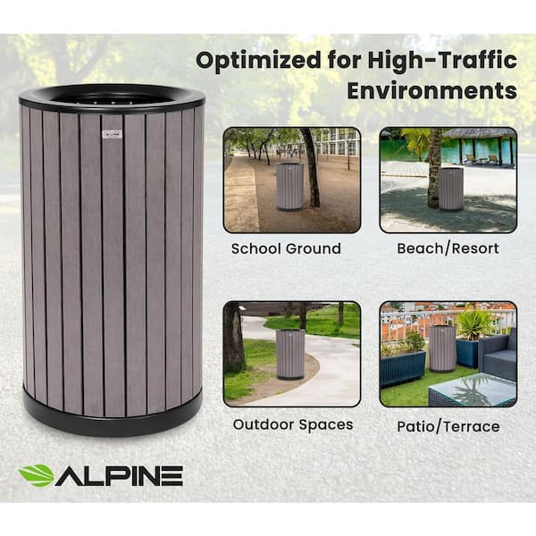 32 Gal. Grey All-Weather Steel Commercial Outdoor Trash Can Garbage Receptacle with Slatted Wood Style Panels