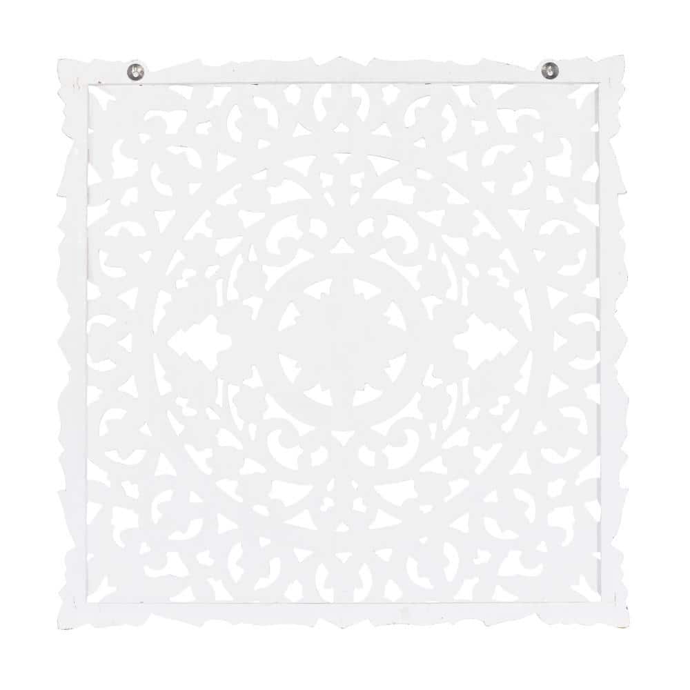 Whitewashed Wood Botanical Carved Wall Panel, 36" Square