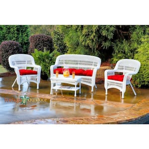 Portside 4pc White Wicker Patio Furniture Seating Set with Lipstick Red Cushions (Wicker Chairs, Loveseat, and Table)