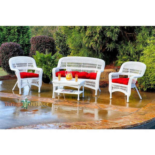 Tortuga Outdoor Portside 4pc White Wicker Patio Furniture Seating Set with Lipstick Red Cushions (Wicker Chairs, Loveseat, and Table)