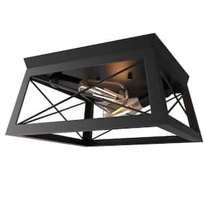 12.2 in. 2-Light Farmhouse Flush Mount for Hallway Entryway Kitchen, Rustic Industrial Caged Ceiling Lamp in Black