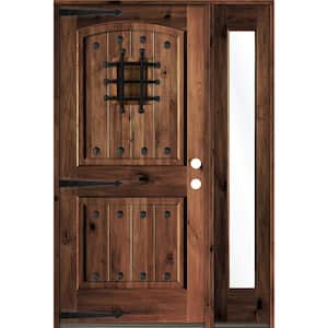 44 in. x 80 in. Medit. Knotty Alder Left-Hand/Inswing Clear Glass Red Mahogany Stain Wood Prehung Front Door with RFSL
