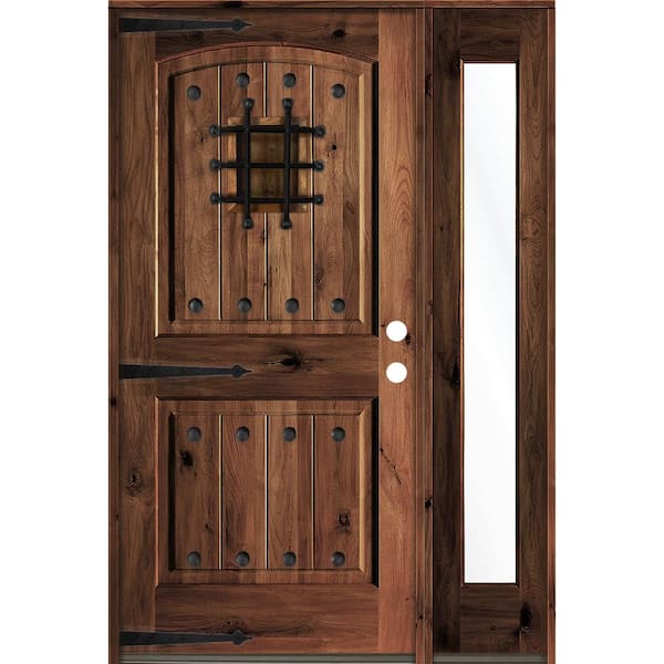 Krosswood Doors 56in. x 80in. Mediterranean Knotty Alder Left-Hand/Inswing Clear Glass Red Mahogany Stain Wood Prehung Front Door w/RFSL