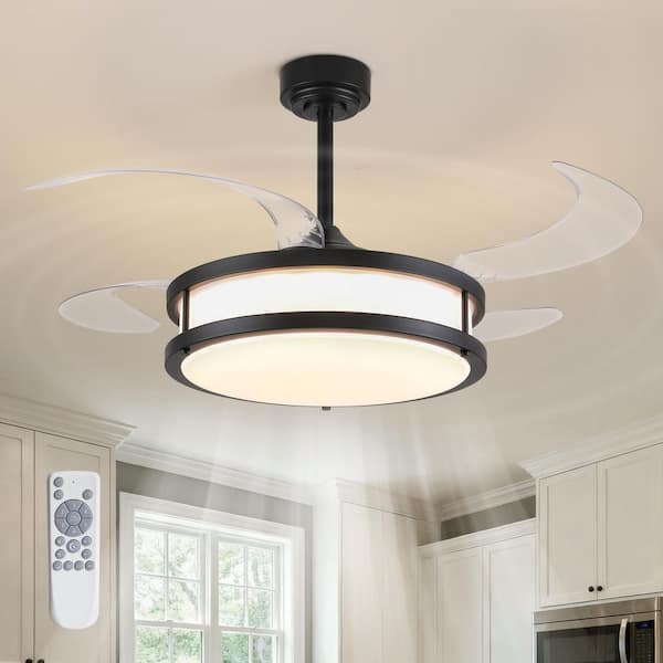 48 in. Indoor Downrod Mount Modern Black Retractable Fandelier Ceiling Fan Acrylic Shade Dimmable LED with Remote