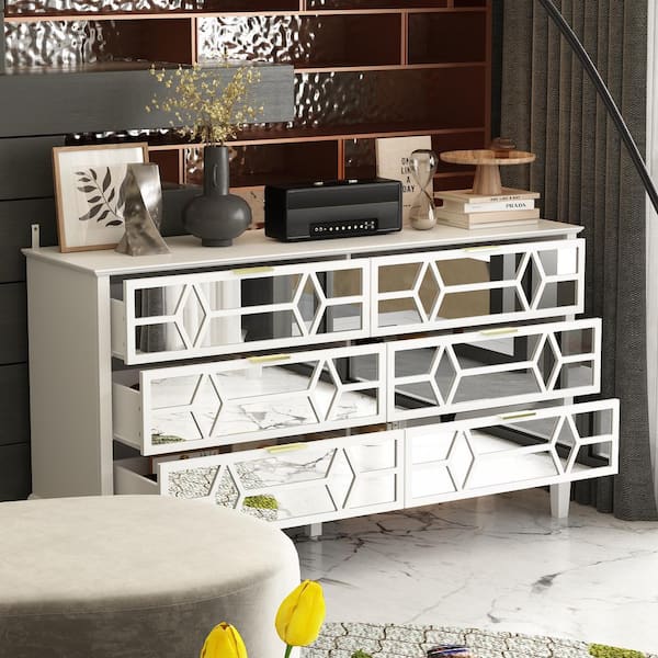 FUFU&GAGA Mirrored 6-Drawer White Wooden Accent Storage Cabinet with Wooden Legs, Gold Metal Handles