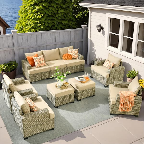 XIZZI Taylor 9-Piece Wicker Outdoor Patio Conversation Seating Set with Beige Cushions