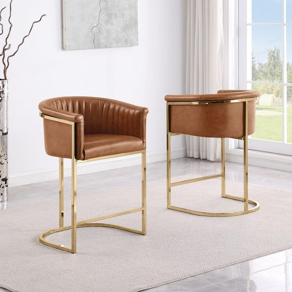 Jolene 33 in. H Toffee Color Low Back Gold Metal Frame Counter Stool With Leath-Aire Upholstery Set of 2