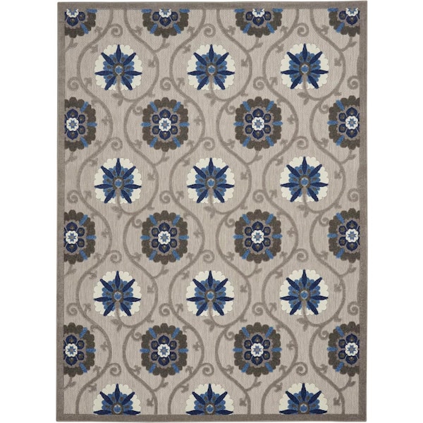 Nourison Aloha Gray/Blue 10 ft. x 13 ft. Floral Modern Indoor/Outdoor Patio Area Rug