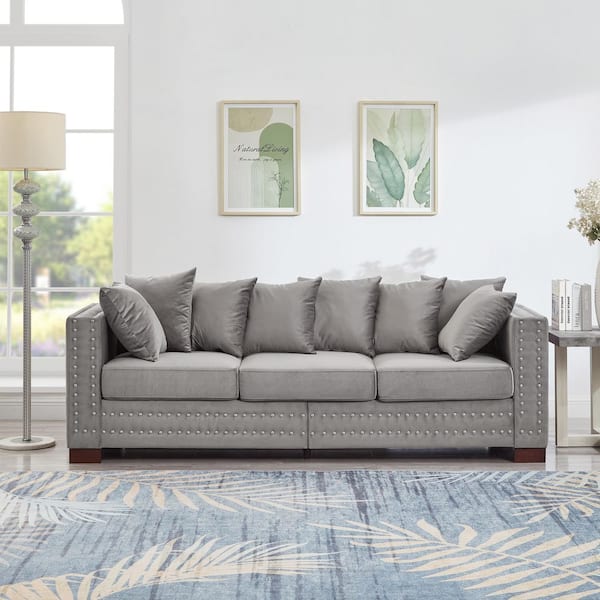 84.5 in. Grey Velvet Rectangle Sofa with Storage, 3-Seater Couch with Silver Nailhead Trim and Square Arms