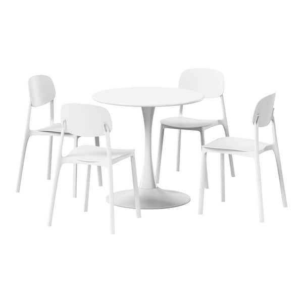 Frond and Form Outdoor Patio Modern 5-Piece Round HDPE Plastic Dining Table Set with Stackable Chairs, White