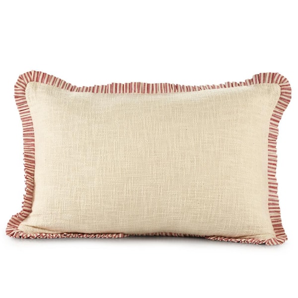 Unbranded Candy Cane Ivory / Red 16 in. x 24 in. Striped Ruffle Border Lumbar Throw Pillow