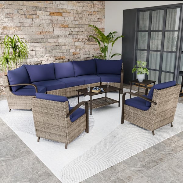 EAGLE PEAK 9-Piece Wicker Patio Conversation Sectional Seating Set with Blue Cushions