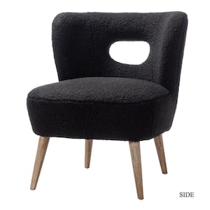 Mini Black Vegan Lambskin Sherpa Upholstery Side Chair with Cutout Back and Solid Wood Legs