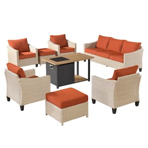 Oconee 8-Piece Wicker Modern Outdoor Patio Conversation Sofa Seating Set with a Storage Fire Pit and Orange Red Cushions