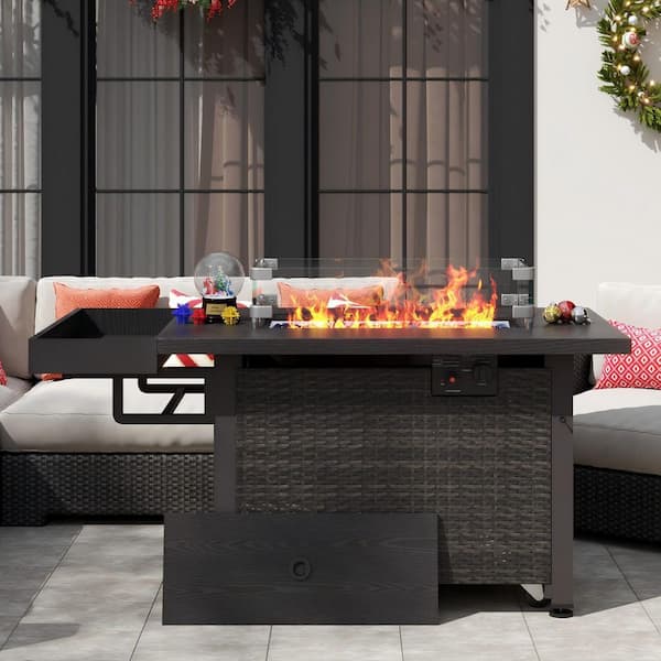 52 in. 50,000 BTU Brown Rectangular Wicker Outdoor Fire Pit Table with Storage Shelf Glass Wind Guard Lid and Dust Cover