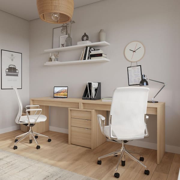 Chrono 95 in. W Natural Blonde Oak 3-Piece Home Office Set with FIling Cabinet and 2-Reversible Desk Panels