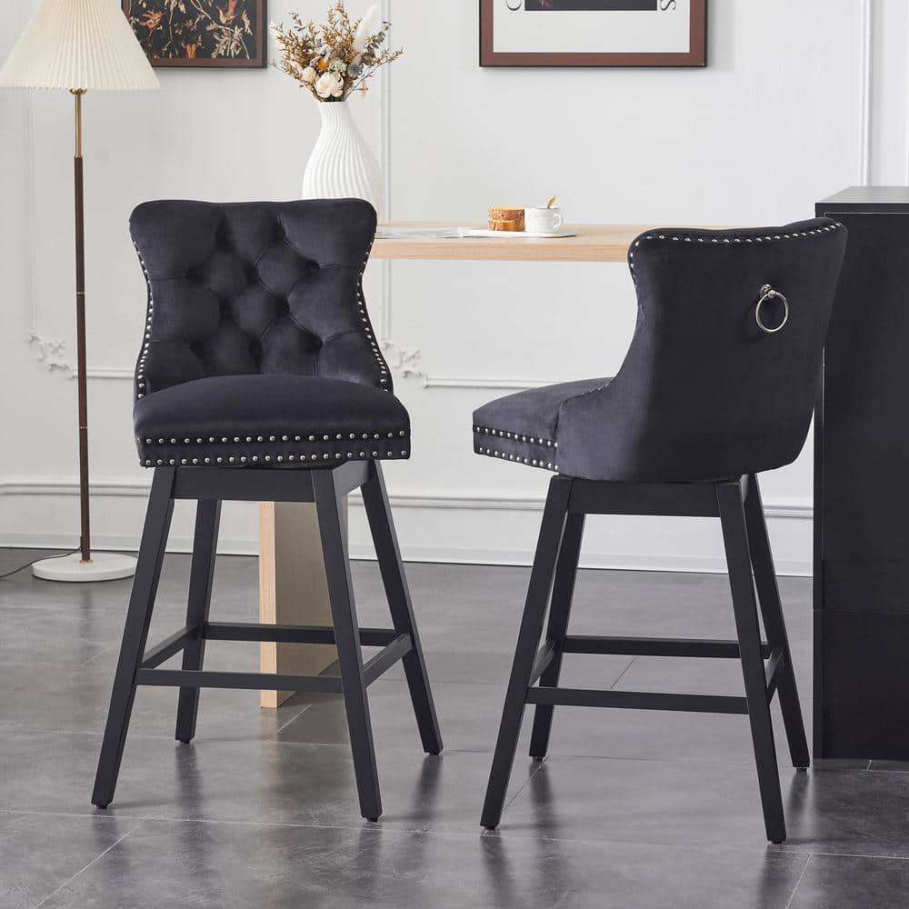 29" Black Velvet Upholstered Swivel Bar Stools with Wood Frame, Set of 2