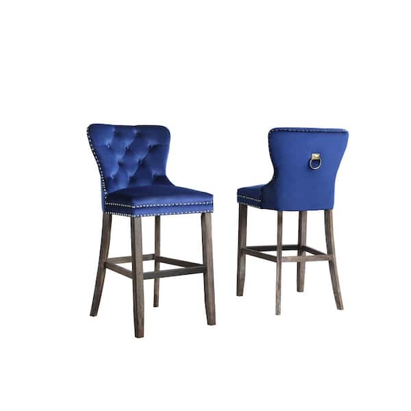 Best Quality Furniture Maya 29 in. H Navy Blue Velvet Upholstered Full Back Bar Stool with Wood Legs, Nail Head Trim and Back Ring (Set of 2)