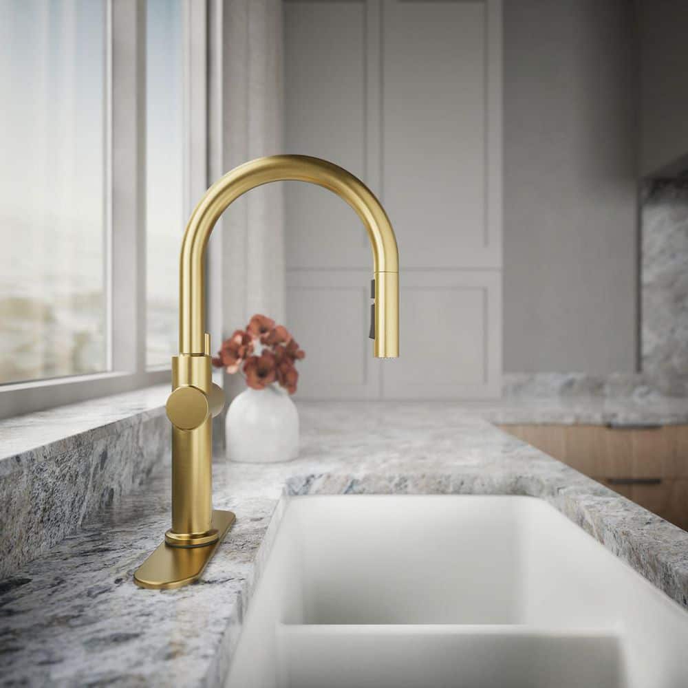 Sophisticated Moderne Brass Regular Kitchen Faucet with Pull-out Spray