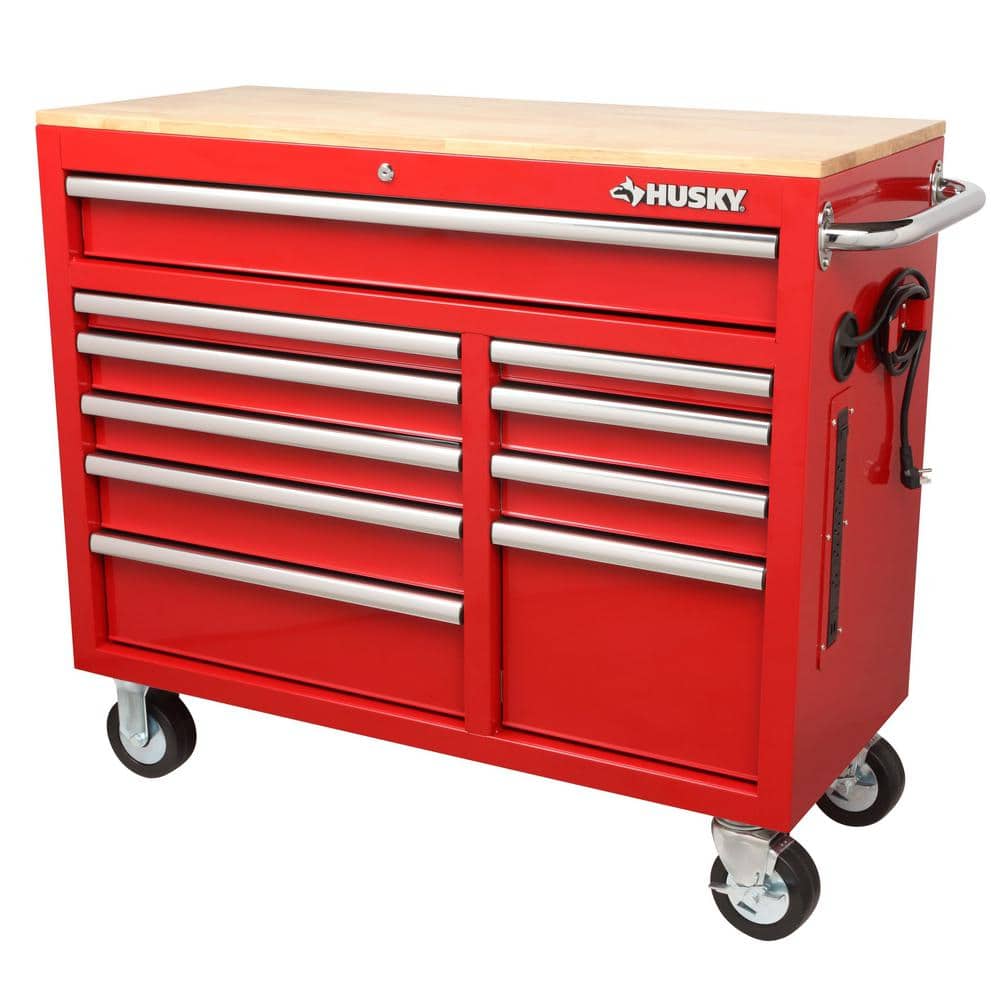 Husky 42 in. W x 18.1 in. D 10Drawer Mobile Workbench with Solid Wood