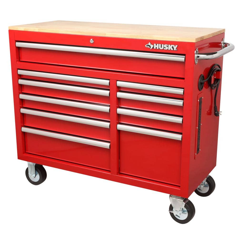 42 in. W x 18.1 in. D Standard Duty 10-Drawer Mobile Workbench Tool Chest with Solid Wood Top in Gloss Red -  Husky, H42MWC10R-TL