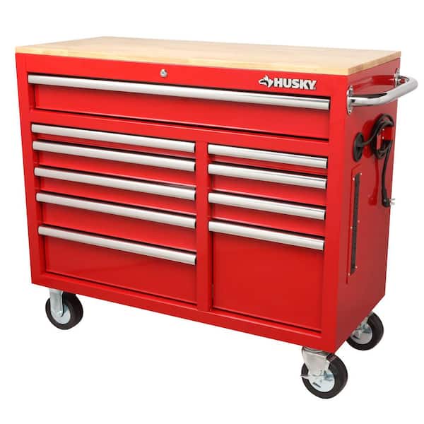 Husky 42 in. W x 18.1 in. D Standard Duty 10-Drawer Mobile Workbench Tool Chest with Solid Wood Top in Gloss Red
