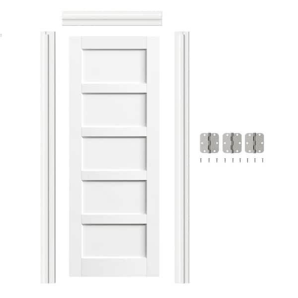 30 in. x 80 in. Left-Handed 5-Panel MDF Solid Wood White Single Prehung Interior Door with Door Jamb Hardware Kits
