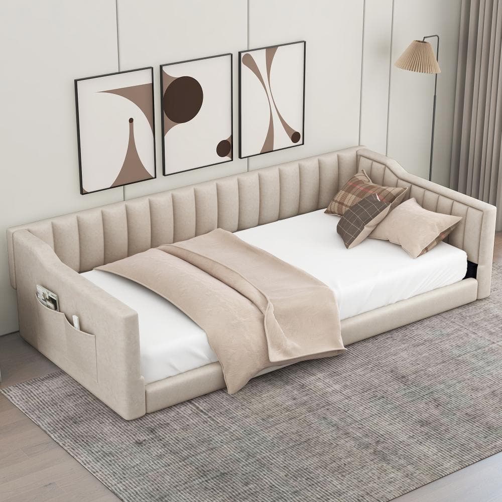 Beige Twin XL Size Upholstered Daybed with Side Storage Pockets price history on PriceWatchPro