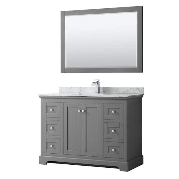 Wyndham Collection Avery 48 in. W x 22 in. D Bath Vanity in Dark Gray with Marble Vanity Top in White Carrara with White Basin and Mirror